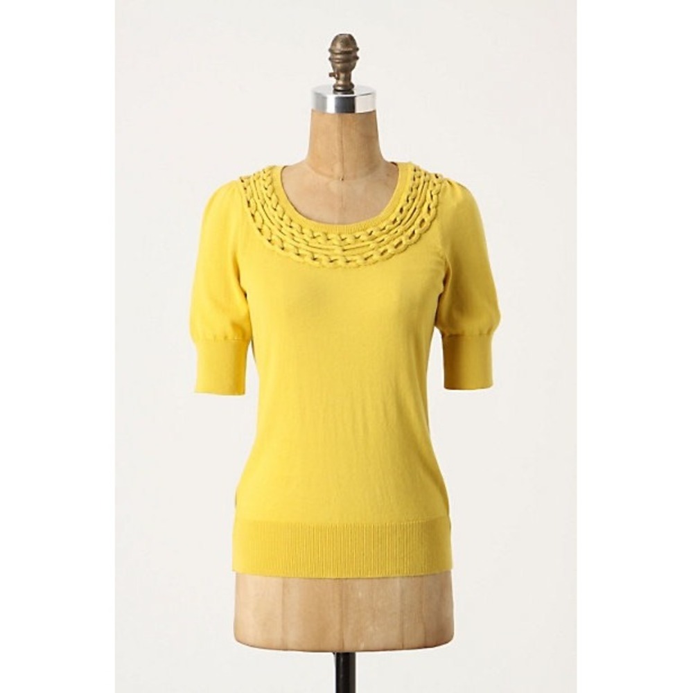 Moth Anthropologie Yellow Braided Neck Short Sleeve Sweater Puff Shoulder Small